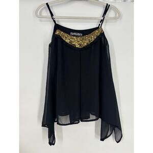 Mandee Black‎ Gold Sequin Chiffon Cami Top Spaghetti strap Women Small